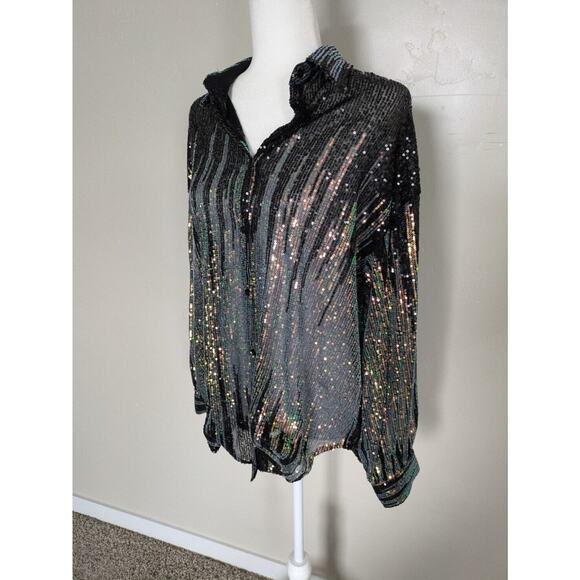 GeeGee Blouse Womens Medium Sequins Button Down Festival Glam Cocktail Night-out - Picture 1 of 9